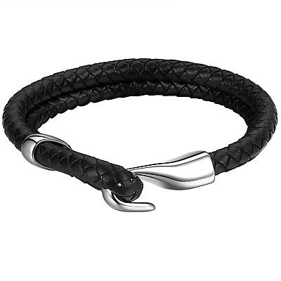 #ad Mens Multilayer Leather Cord Nautical Fishing Hook Cuff Stainless Steel Bracelet $13.29