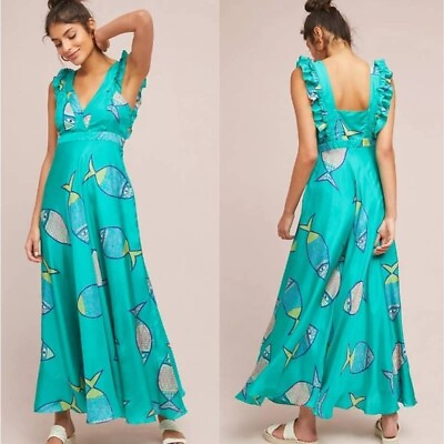 #ad Anthropologie Anupamaa Summer School Dress Fish Turquoise Size 4 Silk Maxi Lined $79.99
