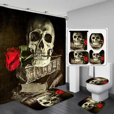 #ad Skull Rose Waterproof Bathroom Shower Curtain Toilet Cover Mat No slip Halloween AU $9.99
