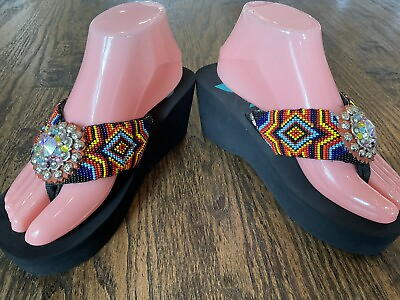 #ad Safari Girl Flip Flops Rhinestones Beaded Studded Multicolor Women#x27;s Size 7 $18.99