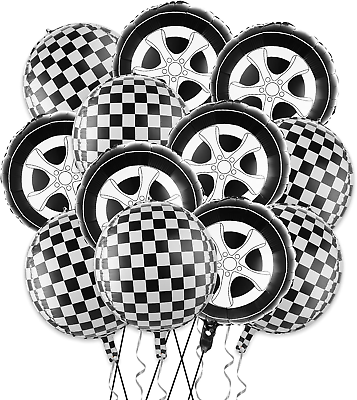 #ad 12 Pieces Black and White Checkered Balloons Race Car Balloons Car Wheel Tire GBP 9.76
