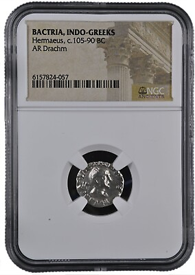#ad NGC BACTRIA INDO GREEKS AR Drachm of HERMAEUS c.105 90 BC Bactrian Lower Grade $130.09