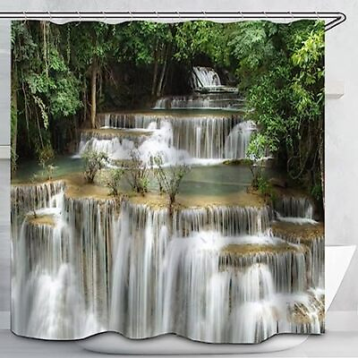 #ad Green Forest Shower Curtainprimeval Forest Waterfall Water Waterproof Fabric ... $30.98