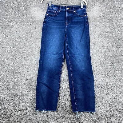 #ad Express Straight Ankle Jeans Women#x27;s 0R Blue High Rise Frayed Hem Dark Wash $15.95