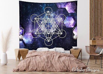 #ad Metatron#x27;s Cube Tapestry sacred geometry blue purple galaxy Wall Hanging $29.99