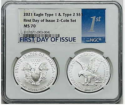 #ad 2021 Type 1 and Type 2 Silver Eagle 2 Coin Set NGC MS70 FDI T1 amp; T2 Label $169.50
