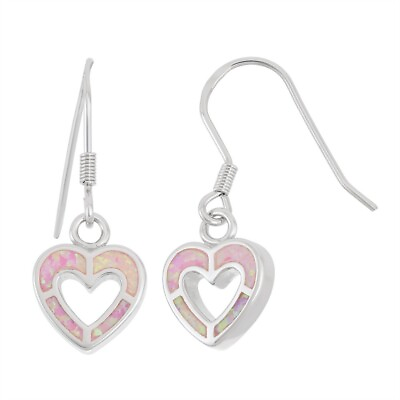 #ad Sterling Silver Pink Inlay Opal Open Heart Earrings $57.00