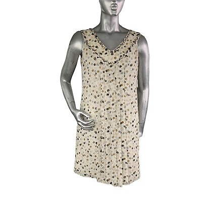 #ad Adrianna Papell Shift Dress Ivory Polkadot Beaded Neck Pleated Sleeveless Sz 8 $26.99