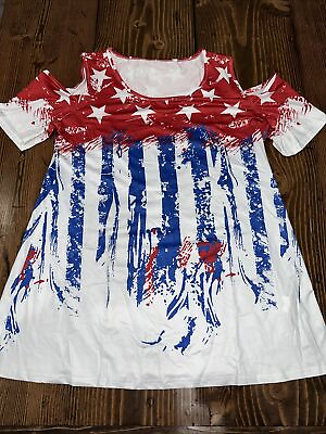 #ad Women#x27;s July Of 4th American Flag Print Cold Shoulder Loose T Shirt Size XXL $7.19