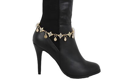 #ad Women Boot Bracelet Gold Metal Chain Water Silver Bling Anklet Happy Charm Beads $13.99