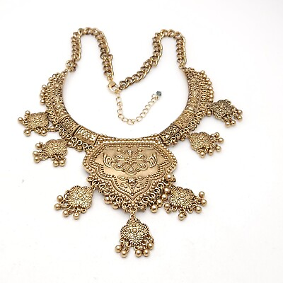 #ad Middle Eastern Necklace Ornate Engravings Statement Collar Ethnic Gold Tone $50.00