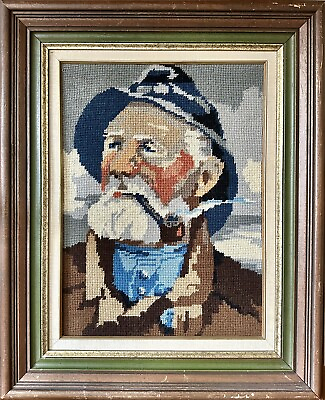 #ad Vintage Sea Captain Needlepoint Framed Wood Nautical Boat Fisherman 12 x 16” C $79.65