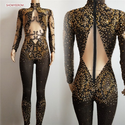 #ad Sexy Rhinestones Bodysuit Stage Nightclub Crystals Costume Stretch Jumpsuits $180.19