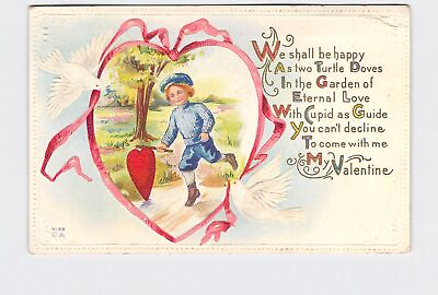 #ad Holiday Postcard Valentines Boy Chasing Heart Down Path Doves With Pink Ribbon E $5.00