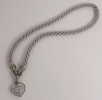 #ad Judith Ripka MOP CZ Sterling Heart Enhancer Pendant Gray Silk Cord Necklace $67.50