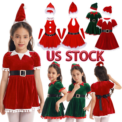 #ad US Girl Santa Claus Costume Tassel Cuff Patchwork Neck Velvet Tutu Dress Hat Set $23.45