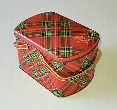 #ad Vintage Gray Dunn Biscuit Tin w Handles Plaid Tartan Lunch Pail Rare VG Cond $39.99