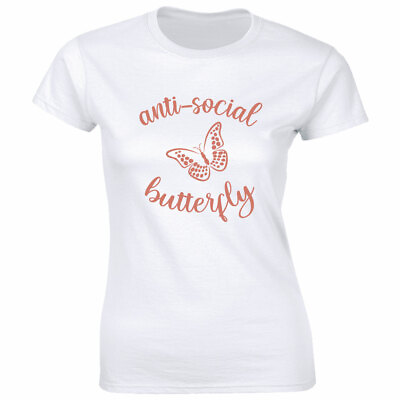 #ad Anti Social Butterfly with Image White Short Sleeve T Shirt for Women $13.49