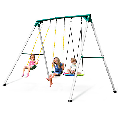 #ad 700lbs Large Metal Swing Set with 3 Swings Heavy Duty Frame Outdoor Kids Playset $531.33