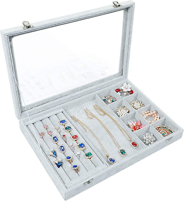 #ad Clear Lid Jewelry Tray Ring Earring Necklace Storage Box Stackable Holder Ice $41.49