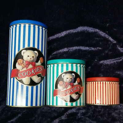 #ad 3 Tins 2 Mrs Fields Vtg Cookie Tin Blue Green w Bear amp; Stripes 1 Red no name $19.90