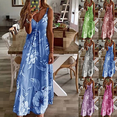 #ad Women#x27;s Strappy Floral Maxi Dress Ladies Summer Beach Evening Party Boho Dresses $18.98