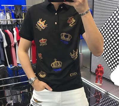 #ad New Men Luxury Diamond Crown Rhinestones Fashion Polo T Shirt High Quality $44.90