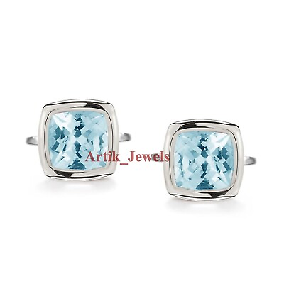 #ad Natural Blue Topaz Gemstone With 14K White Gold Plated Silver Cufflink #1320 $145.99