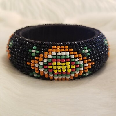 #ad Southwest Bangle Bracelet Seed Bead Black Geometric Wide Cuff Aztec West 1698* $13.49