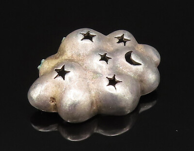 #ad 925 Sterling Silver Vintage Carved Cloud With Stars amp; Moon Brooch Pin BP9562 $37.16