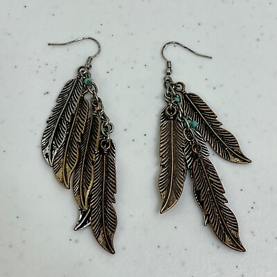 #ad Feather Earrings Charm Blue Beaded Statement Long Gold Silver Tone Southwestern $8.99
