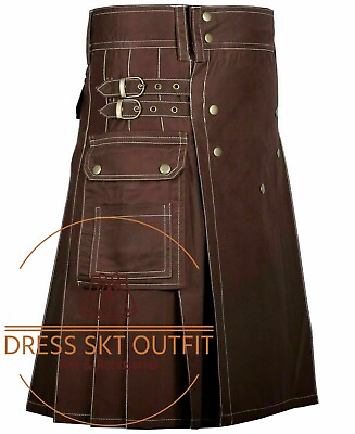 #ad Scottish Handmade Heavy Brown Cotton Utility Kilt Custom Size Working Kilt $65.00