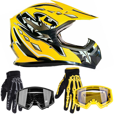 #ad Kids Yellow Motocross Helmet Combo Gloves Goggles Youth ATV OffRoad Riding Gear $69.00