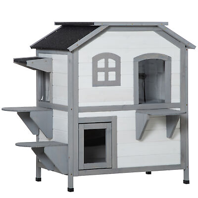 #ad 2 Story Outdoor Feral Cat House Shelter Enclosure Indoor Pet Condo with Balcony $127.28