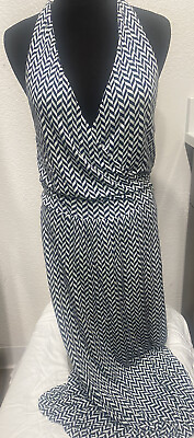 #ad Mix Printed Maxi Halter Dress sz small fully lined vacation wedding black white $16.00