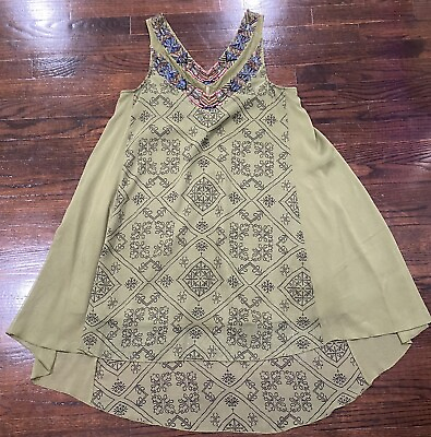 #ad Free People Sleeveless Beaded V Neck Dress Swing Women#x27;s M Olive Floral $29.99