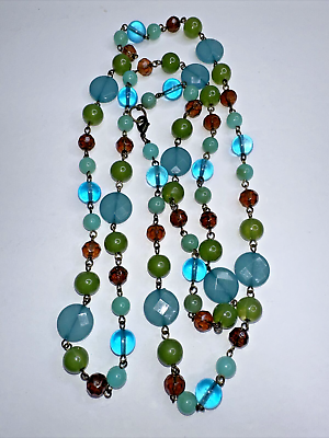 #ad Aqua Teal Brown Bead resin Necklace Long 42quot; Faceted Blue Green $12.29