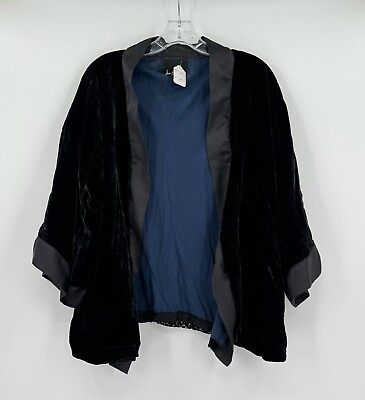 #ad Sam Edelman Womens Black Velvet Blue Lining 3 4 Sleeve Open Kimono Jacket Sz S $23.49