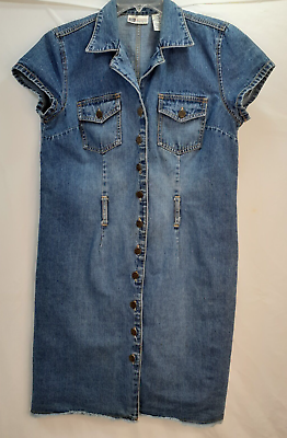 #ad Faded Glory Women Size 14 Blue Jean Denim Dress Buttons Medium Wash Frayed Hem $22.95