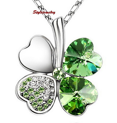 #ad 18k White Gold Plated Made with Swarovski Crystal Four Leaf Clover Necklace N55 AU $19.99