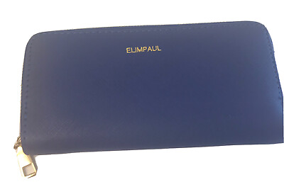 #ad Elim Paul Womens Blue Vegan Leather Zip Around Wallet Logo Goldtone Hardware $15.00