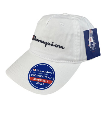 #ad Champion Dad Hat Adjustable White Blue Script Logo Strapback Baseball Hat NWT $10.17