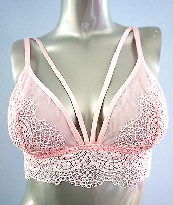 #ad Nwt Victorias Secret Angel Pink Crochet Lace Strappy Long Line Bralette XS $11.89