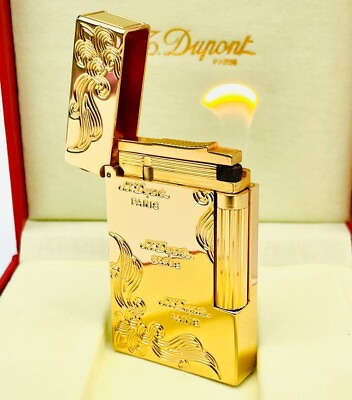 #ad S.T. DUPONT Gas Lighter Golden Engraving Luxury Ligne 2 with Box Working France $356.20