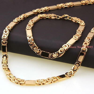 #ad Men Women Gold Stainless Steel Byzantine Chain Necklace Bracelet Jewelry Set $16.14