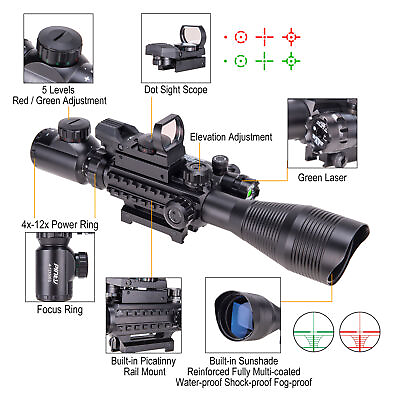 #ad Pinty 4 12X50 Rangefinder Reticle Rifle Scope Green Laser amp; Dot Sight Tactical $74.99