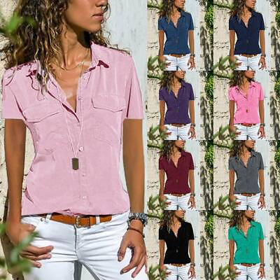 #ad Womens Short Sleeve Casual T Shirt Tops Ladies Work OL Button Blouse Tee Size $7.99