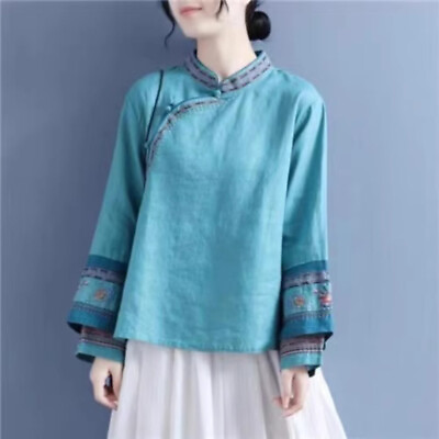 #ad Women Ethnic Embroidered Tops Cotton Linen Shirts Blouse Chinese Frog Button Top $22.99