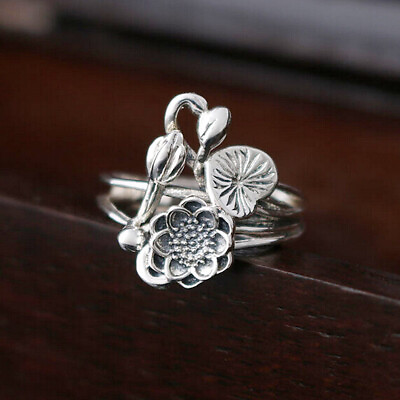 #ad Sterling Silver 925 Lotus Flower Namaste Yoga Adjustable Ring Size 7 A3260 $26.99