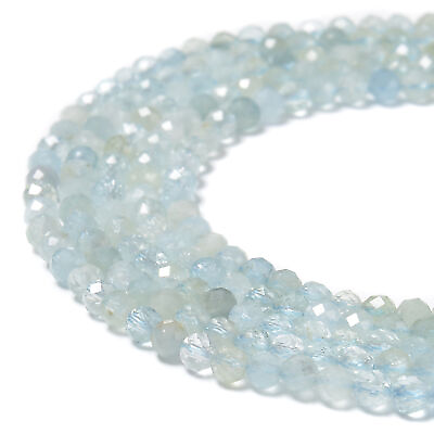 #ad Natural Translucent Aquamarine Faceted Round Beads Size 2mm 3mm 4mm 15.5#x27;#x27; Strd $7.19